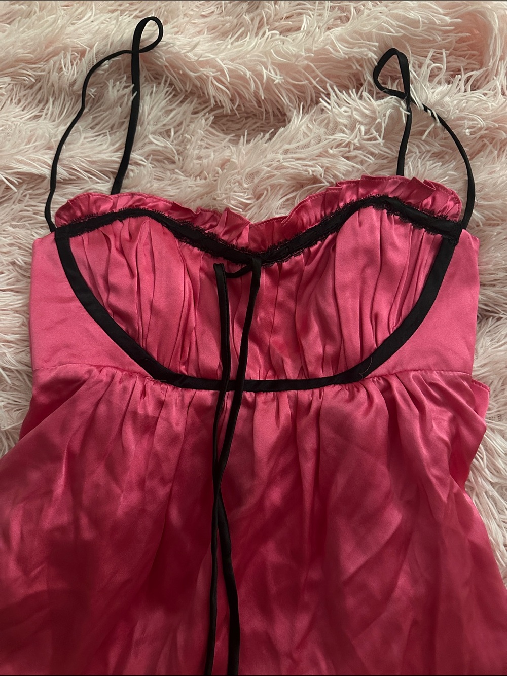Betsey Johnson Hot Pink Satin Chemise dress with Black Trim